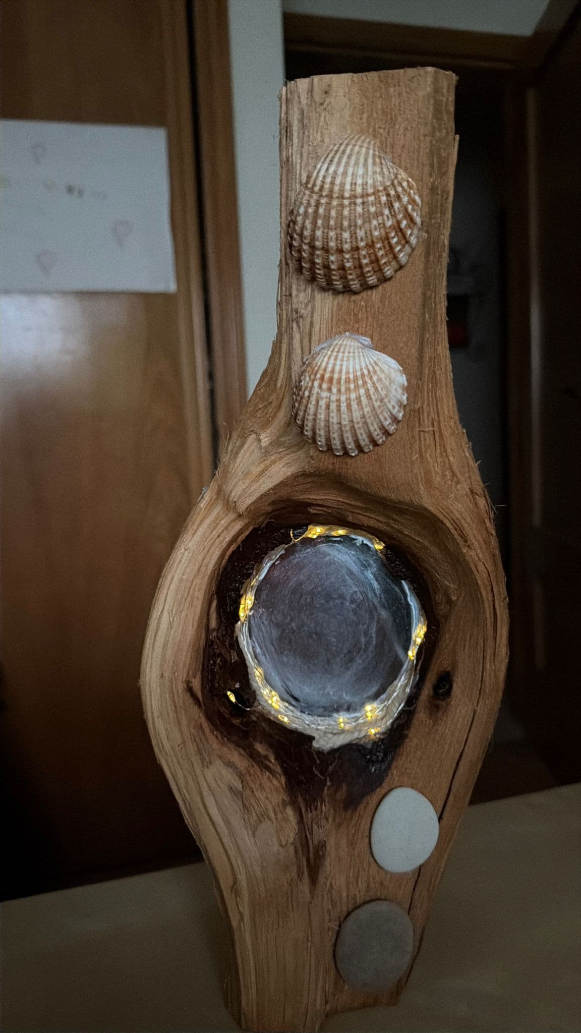 Peça de madeira com conchas, pedras e luz no centro